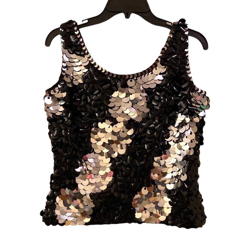 Vintage Sequin Tank Top Unbranded Black Silver Back Zipper 100% Wool WM SZ S 💖